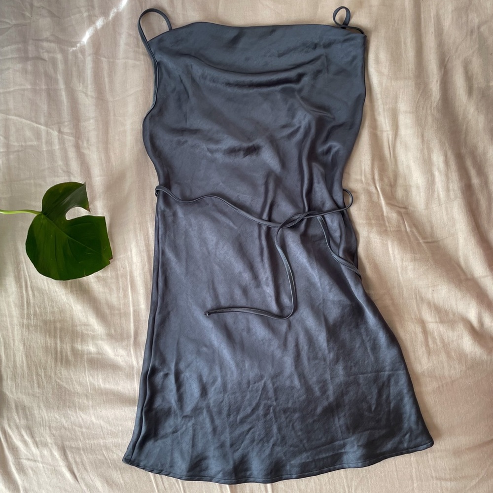 MOTEL Paula Slip Dress in Satin Slate Blue